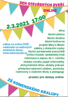 Online den otevřených dveří ZŠ Komenského
