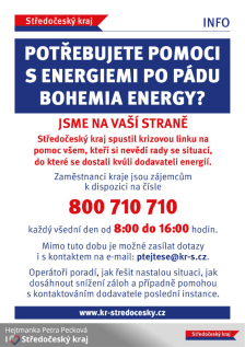 Krizová linka kraje pro pomoc osobám postiženým krachem dodavatele energií