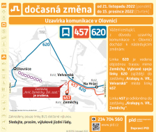 Dopravní opatření pro linky 457 a 620 od 21.11. 2022 (uzavírka Zeměchy - Olovnice)