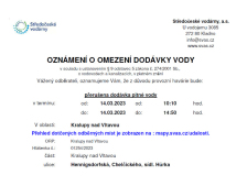 Oznámení o přerušení dodávek pitné vody (14.03. 2023)