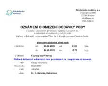 Oznámení o přerušení dodávek pitné vody v Lobečku (04.10. 2023)