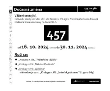 Dočasná změna trasy pro linku 457 do 30.11. 2024