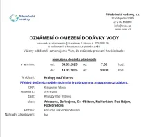 AKTUALIZOVÁNO - Oznámení o omezení dodávky vody v dalších ulicích města (06.03. - 14.03. 2025)