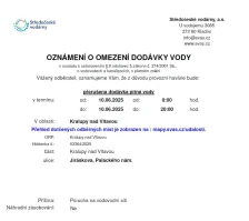 Oznámení o omezení dodávky vody (10.06. 2025)