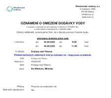 Oznámení o omezení dodávky vody (04.09. 2025)