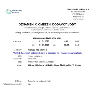 Oznámení o omezení dodávky vody (01.01. 2026)