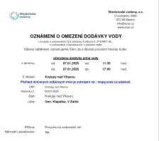 Oznámení o omezení dodávky vody (07.01. 2026)