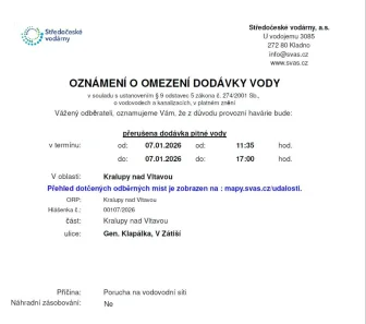 Oznámení o omezení dodávky vody (07.01. 2026)