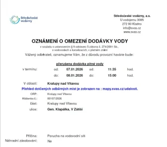 Oznámení o omezení dodávky vody - prodlouženo do 08.01. 2026