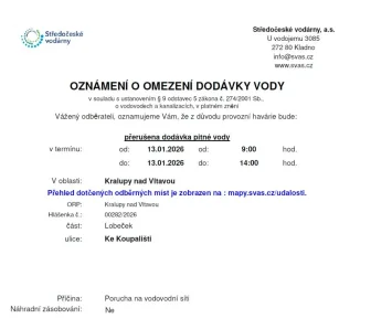 Oznámení o omezení dodávky vody (13.01. 2026)