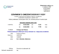 Oznámení o omezení dodávky vody (05.08. 2026)