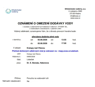 Oznámení o omezení dodávky vody (05.08. 2026)