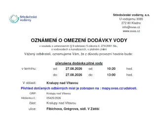 Oznámení o omezení dodávky vody (27.08. 2026)