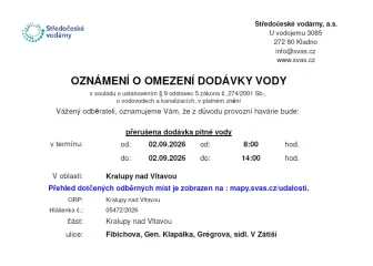 Oznámení o omezení dodávky vody (02.09. 2026)