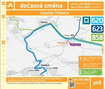 Uzavírka komunikace v obci Třebusice a změny na linkách PID (č. 620 a 623)