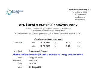 Oznámení o omezení dodávky vody (17.09. 2026)